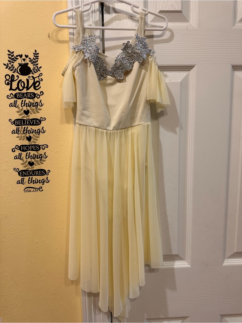 Weissman Pale Yellow Chiffon Dress with Silver Floral Appliqué
